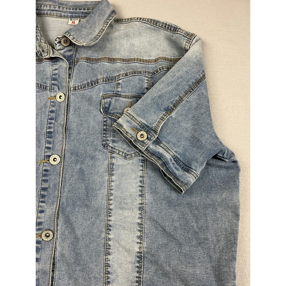 Short Sleeve Denim Jacket Shacket Light Wash Button Up Jean Top Blue Size XL - Picture 5 of 11
